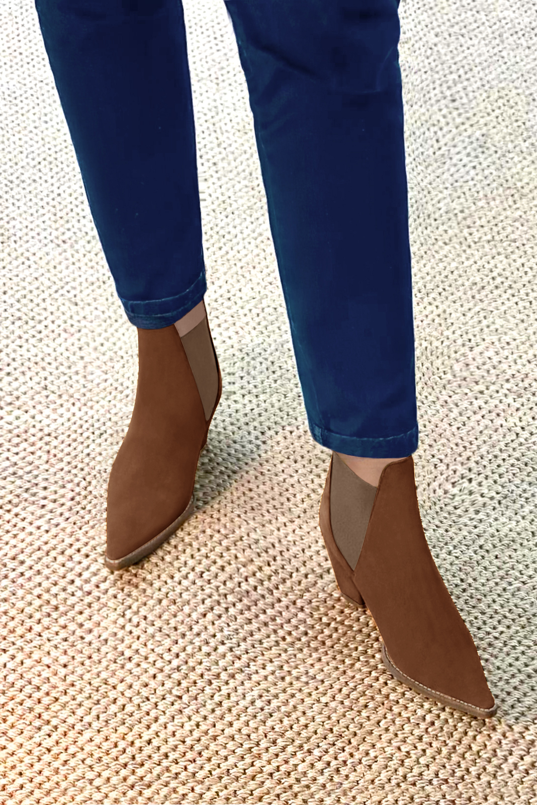 Caramel brown women's ankle boots, with elastics. Pointed toe. Medium cone heels. Top view - Florence KOOIJMAN